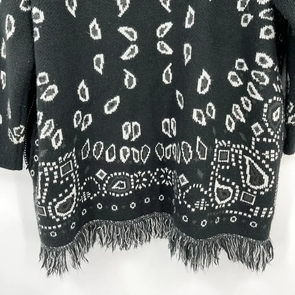 Made in Italy | Black White Paisley Jacquard Knit Fringe Cardigan *no belt* S